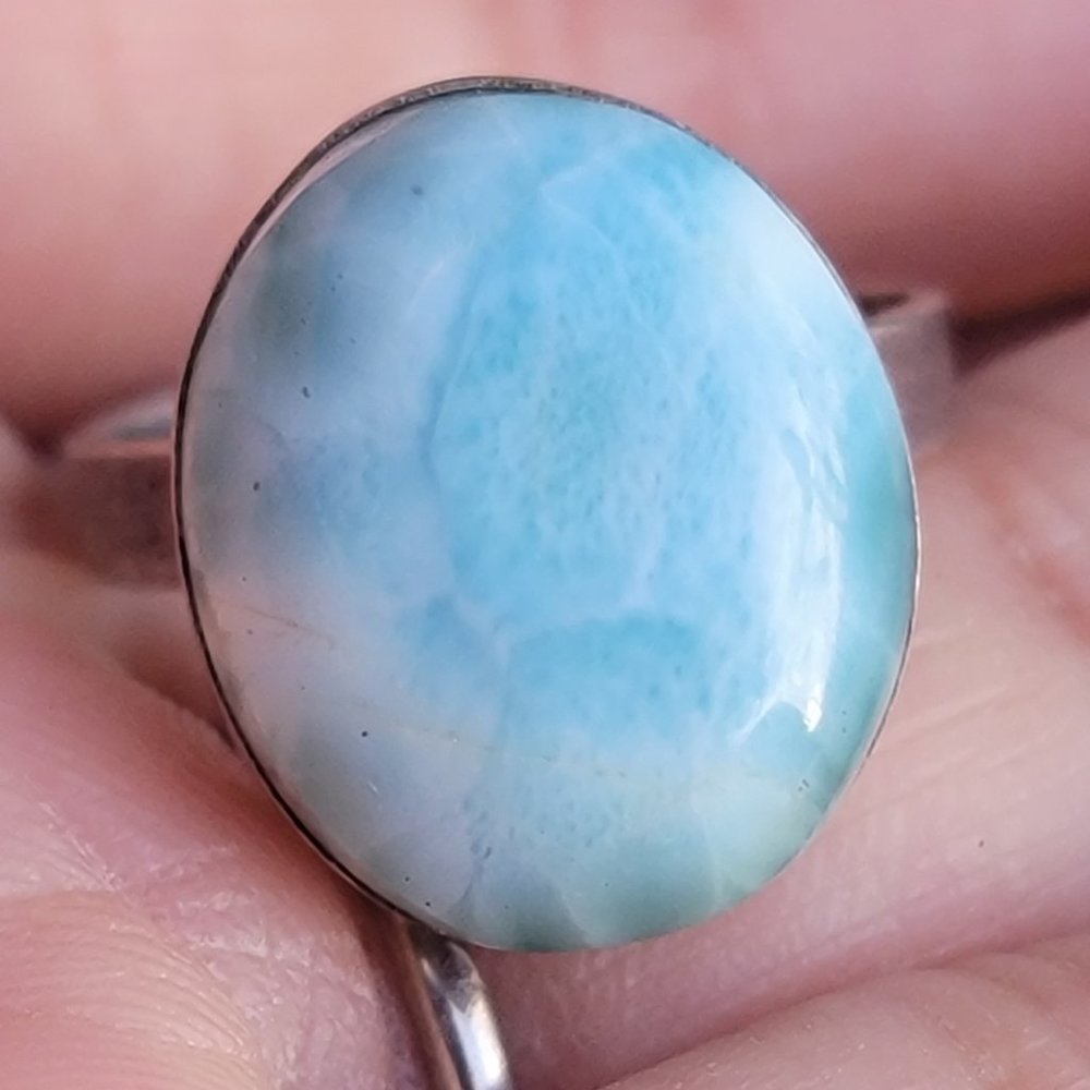 Mesmerizing Carribean ocean waters larimar 925 sterling silver ring size 8